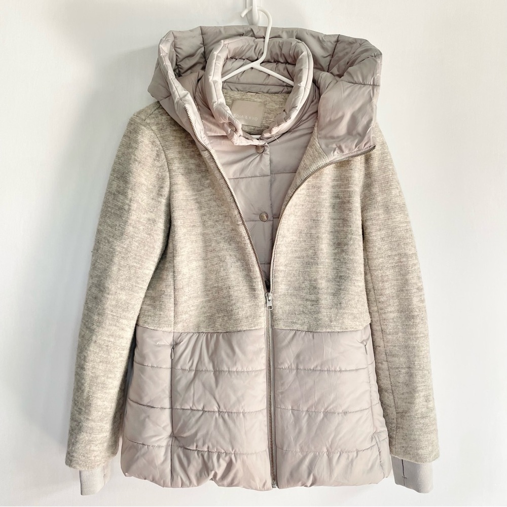 Soia & Kyo Wool Blend Puffer Jacket Hooded Gray Button Zip Up Layered Size S